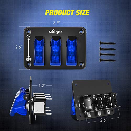 Nilight 3 Gang Toggle Switch 12V Rocker Switch Panel with LED Light and Flip Cover Heavy-Duty ON/Off Switch Plate 3 Pin SPST Rocker Switch，2 Years Warranty - color: Blue 3 Gang