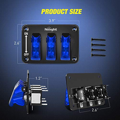 Nilight 3 Gang Toggle Switch 12V Rocker Switch Panel with LED Light and Flip Cover Heavy-Duty ON/Off Switch Plate 3 Pin SPST Rocker Switch，2 Years Warranty - color: Blue 3 Gang