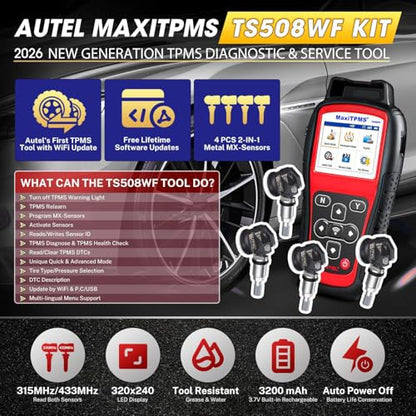 Autel MaxiTPMS TS508WF TPMS Programming Tool, w/ 4PCS ($120) MX Sensors