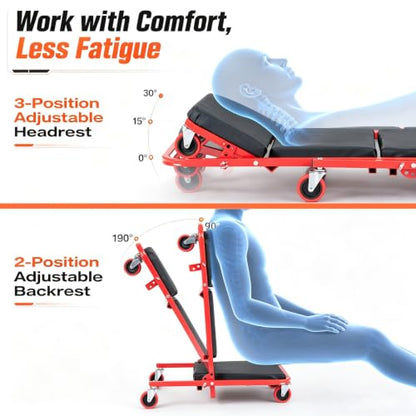40.5" 4-in-1 Foldable Mechanic Creeper with Adjustable Headrest & 6 Wheels - color: Red, size: 40.5"