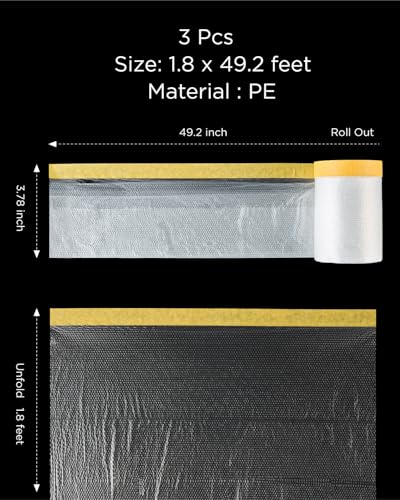 InoKraft Pre-Taped Masking Film for Painting, Painters Plastic Sheeting with Automotive Paint Tape and Drape for Covering Cars, Walls, Windows and Furniture Protection (22" x 66', 3 Rolls)