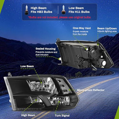 AUTOSAVER88 Headlight Assembly Compatible with 09-18 Dodge Ram 1500 Black - color: Black Housing Clear Reflector