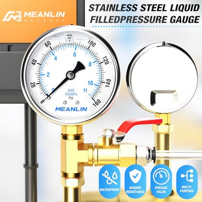MEANLIN MEASURE 0~160Psi Stainless Steel 1/4" NPT 2.5" FACE DIAL Liquid Filled Pressure Gauge WOG Water Oil Air Lower Mount, with 1/2" NPT and 3/8" NPT Hex Bushing - size: 0-160Psi
