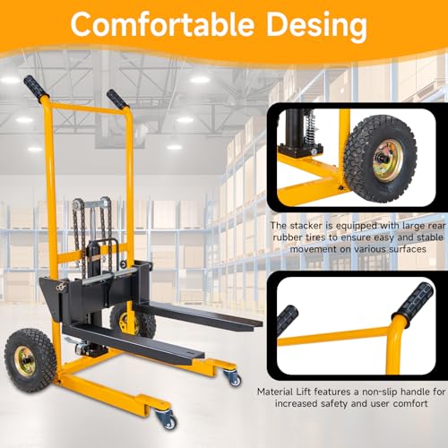 MMS Foldable Hydraulic Material Lift Winch Stacker, 450 Lbs 35.8" Max Lift w/ 9" Wheels 360° Swivel Casters, Pallet Truck Dolly, Fork Lift Table Cart, Pallet Jack, Removable Platform, Adjustable Forks
