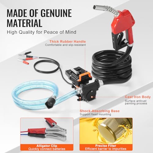 VEVOR Fuel Transfer Pump, 12V DC 15 GPM 1/4 HP, Portable Electric Diesel Transfer Pump with Auto Shut-Off Fuel Nozzle, Long Inlet & Outlet Hose for Gasoline, Diesel, Kerosene, Methanol Blends - size: 12V 15GPM Portable