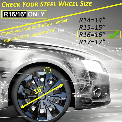 16 inch Hubcaps ABS Replacement for Steel Wheel（Non-Alloy） Snap-on Set of 4 - color: FF-Black, size: 16-inch