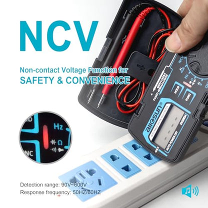 ALLOSUN Digital Multimeter Pocket Size DC AC Voltage Current Tester NCV Ohm Capacitance Frequency Diode and Continuity Test Auto Range (EM3085A (Upgraded))