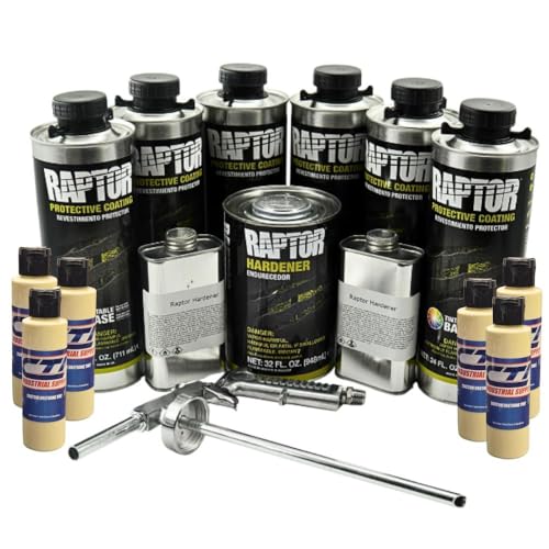 Raptor Truck Bed Liner Kit with Colored Desert Tan Tint and Spray Gun - 6 Liters - Protective Spray On Paint for Coating Trucks, Tailgates, Vehicle Undercoating - Tintable Bedliner Formula