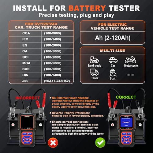 BT60 PRO 2–120Ah Battery Tester 6V/12V/24V 100–3000 CCA QR Report - color: Black-Orange