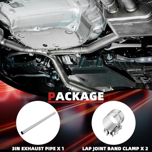 LCGP 3 Inch Straight Exhaust Pipe, 3" Stainless Steel Straight Muffler Replacement Pipe, 48" Length Mandrel Exhaust Tube with Two Lap Joint Band Clamps(New Version) - size: 3 Inch, style: 48 Inch Long