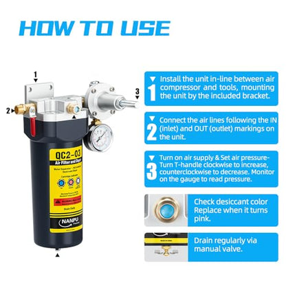 NANPU QC2 1/2" NPT Desiccant Air Dryer with Regulator and Gauge - size: 1/2" NPT