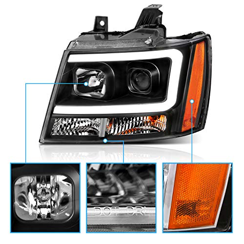 AmeriLite for 2007-2013 Chevy Avalanche Suburban Tahoe Super Bright LED Bar Projector Halogen Black Headlights Pair - Passenger and Driver Side - color: Black LED Bar