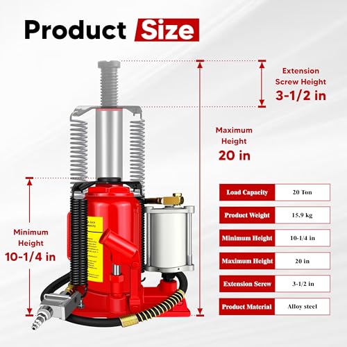 Air Hydraulic Bottle Jack with Color Box, 20 Ton (40,000 lbs) Cap Welded Pneumatic Bottle Jack, 10-1/4-20 inch Lifting Range, Manual Handle and Air Pump, for Car, Pickup, Truck, RV, Auto Repair