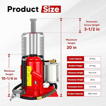 Air Hydraulic Bottle Jack with Color Box, 20 Ton (40,000 lbs) Cap Welded Pneumatic Bottle Jack, 10-1/4-20 inch Lifting Range, Manual Handle and Air Pump, for Car, Pickup, Truck, RV, Auto Repair