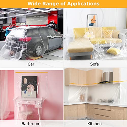 4 Rolls 10 x 66 Feet Plastic Sheeting, Painters Plastic Drop Cloths for Painting, Pre-Taped Masking Film Tape and Drape for Automotive Painting Covering, Furniture Floor Dustproof Cover - size: 10 x 66 feet