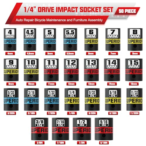 50 Piece 1/4" Drive Impact Socket Set, SAE (5/32" - 9/16") & Metric (4 mm - 15 mm), Deep and Shallow Sockets, Auto Repair Bicycle Maintenance and Furniture Assembly - size: 1/4" Metric & SAE