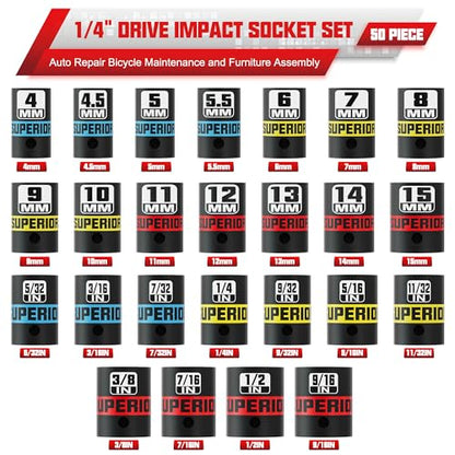 50 Piece 1/4" Drive Impact Socket Set, SAE (5/32" - 9/16") & Metric (4 mm - 15 mm), Deep and Shallow Sockets, Auto Repair Bicycle Maintenance and Furniture Assembly - size: 1/4" Metric & SAE