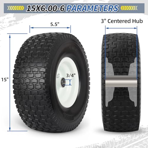 GICOOL 15x6.00-6 Flat Free Lawn Mower Tire and Wheel, 15x6-6nhs Riding Mowers Lawn Tire and Wheel with 3/4" Bearing, 3" Centered Hub, 2 Pack - color: Turf-Pattern Tread, size: 15x6.00-6 Flat-Free Tire