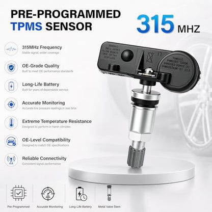 Pre-Programmed TPMS Sensor, GM 315MHz Tire Pressure Monitoring Sensor with Metal Valve Stem, Compatible with Chevy Silverado GMC Sierra Cadillac Buick Pontiac Saturn Hummer, 1 Pack