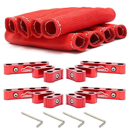 LEDAUT Red 8Cyl Spark Plug Heat Shield Protector and 12pc Engine Separator Insulating Fire Sleeve Wire Protector with Divider Suit for 8mm 9mm 10mm - color: Red, size: 18PCS