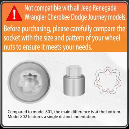 802 Wheel Locking Nut Key for Jeep Renegade Wrangler Cherokee Dodge Journey 2016-2020, 29mm Lock Bolt Inner Dia Anti-Theft Lug Nut Removal Tool - size: 802 (Old)