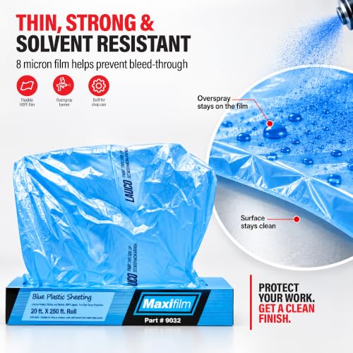 MAXIFILM 16ft x 350ft Roll of Blue Overspray Paintable Masking Plastic Sheeting -8 Micron, 0.3 Mil, Protective Masking Film Cover, Auto Painting, Cover Cloth Home Walls Furniture (1, 16ft x 350ft)