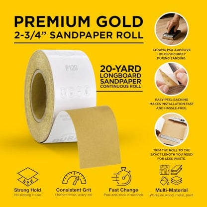 Dura-Gold Gold PSA Longboard Sandpaper, 120 Grit, 20 Yard Roll, 2-3/4" Wide - size: 120-Grit