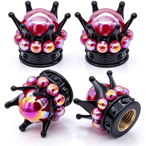 4PCS Crown Bling Tire Stem Valve Caps, Crystal Diamond Tire Air Cap Set Universal Copper Core Stem Covers for Cars, SUV, Trucks, Bikes, Motorcycles, Bicycles (Black & Red) - color: Black & Red Round Bling