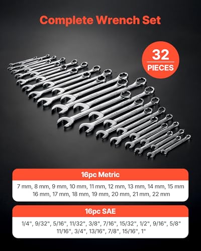 VEVOR Combination Wrench Set, 32-Piece SAE and Metric, 12-Point Box End and 15° Angled Open End Combination Wrenches with Roll Up Pouch, Carbon Steel, for General Household and Automotive Repairs - size: 32PCS