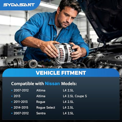 Alternator Replacement New 2.5L for Nissan 2007-2012 Altima, 2007 2008 2009 2010 2011 2012 Sentra, 2011-2013 Rogue, 2014 2015 Rogue Select L4, 400-40102 AL2407X 23100-JA02A AVA0074 TG12C032