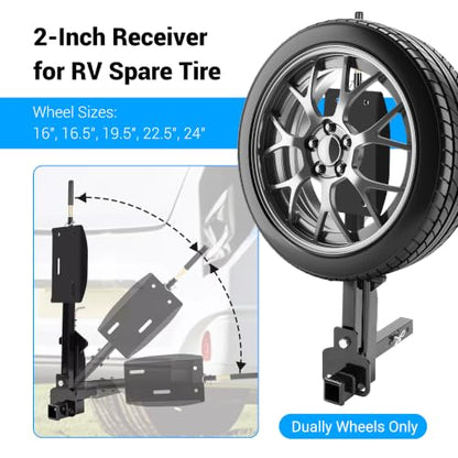 Kojem RV Spare Tire Carrier for 16" 16.5" 19.5" 22.5" and 24" RV Motorhomes 2" Drop Dually Wheels