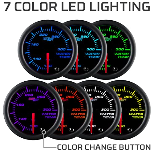 GlowShift Tinted 7 Color 300F Water Coolant Temp Gauge Kit, 2-1/16" 52mm