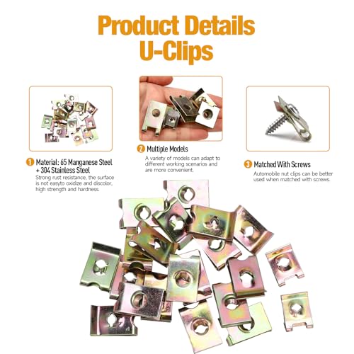 Automotive Screws and Clips, 100PCS Car U‑Clips Nuts 6/8/10/12 Assortment Interior Trim Fasteners with Stainless Steel Screws for Dash Door Panel Interior