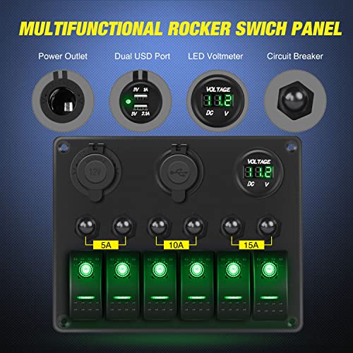 Nilight 6 Gang Rocker Switch Panel On Off Toggle Resettable Circuit Breaker - color: Green