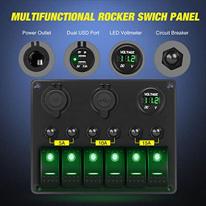 Nilight 6 Gang Rocker Switch Panel On Off Toggle Resettable Circuit Breaker - color: Green