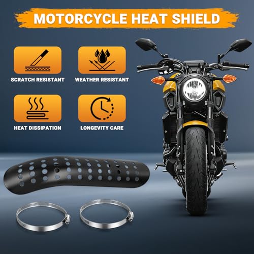Motorcycle Exhaust Heat Shield with Holes, Bent Metal Shield Intake Baffle Cover with 90-110mm Clamps - Black - color: black