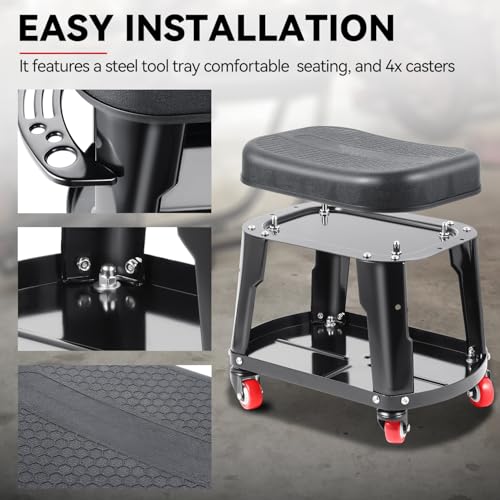 Auto Dynasty Mechanic Roller Stool, 300 LBS Capacity Rolling Creeper Garage Shop Seat with Tool Tray, Heavy Duty Mechanic Roll Repair Chair for Workshop Household Home Warehouse Office, Black - color: Black
