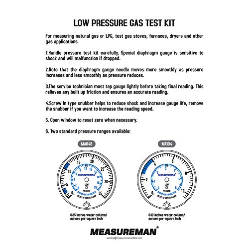 MEASUREMAN Natural Gas or LP Gas Manifold Pressure Test Kit, 0-35 "W.C., 1/4" NPT, 40" Length Hose