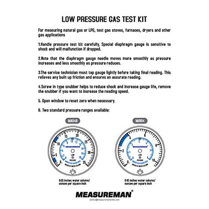 MEASUREMAN Natural Gas or LP Gas Manifold Pressure Test Kit, 0-35 "W.C., 1/4" NPT, 40" Length Hose