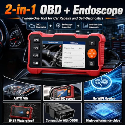 2-in-1 OBD2 Scanner & Endoscope Camera with Light, Universal Car Engine Fault Code Reader, Flexible Snake Borescope Inspection Camera, Multifunctional Automotive Mechanic Tool for Car Accessories