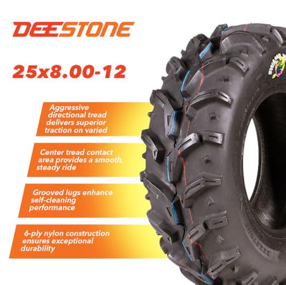Deestone 25x8.00-12 D932 Swamp Witch Tire – 43F 25x8x12 – 6 Ply T/L – ATV Off-Road Traction - size: 25/8.00-12