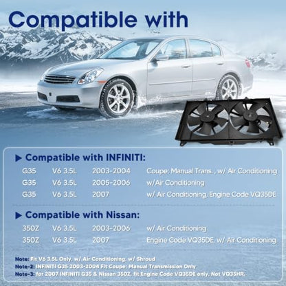 Engine Cooling Radiator Fan Assembly Fit for nfiniti G35 2003-2007 V6 3.5L, Nissan 350Z 2003-2007 V6 3.5L, Reference Number 620429, 631210, 620980, 75628, 21481CD000, 21481CF40B - size: 620429, 620980