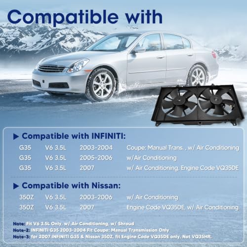 Engine Cooling Radiator Fan Assembly Fit for nfiniti G35 2003-2007 V6 3.5L, Nissan 350Z 2003-2007 V6 3.5L, Reference Number 620429, 631210, 620980, 75628, 21481CD000, 21481CF40B - size: 620429, 620980