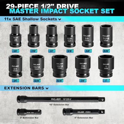 1/2 29PC Socket Set Shallow, CR-MO,SAE/Metric 3/8"-1",10-24mm - size: 1/2inch 29PCS SHALLOW