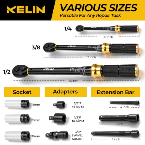KELIN 12PCS Click Torque Wrench Set 1/4" 3/8" 1/2" ±3% Accuracy