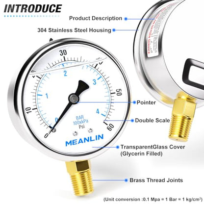 MEANLIN MEASURE 0~60Psi Stainless Steel 1/4" NPT 2.5" FACE DIAL Liquid Filled Pressure Gauge, Pool Sand Filter Pressure Test Lower Mount, with 1/2" NPT and 3/8" NPT Hex Bushing - size: 0-60Psi