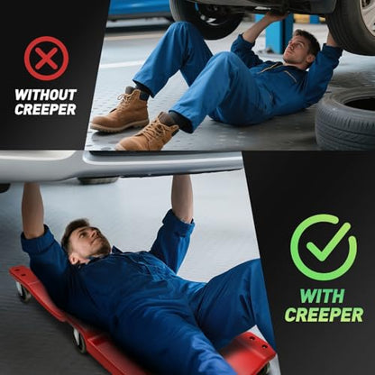 DNA MOTORING 40 Inch Mechanic Creeper, Blow Molded Low Profile Rolling Garage Creeper, w/Padded Headrest, Dual Tool Trays, 350lbs Capacity, Red, TOOLS-00005 - color: Green Wheel 40 Inches, style: 40"-RED