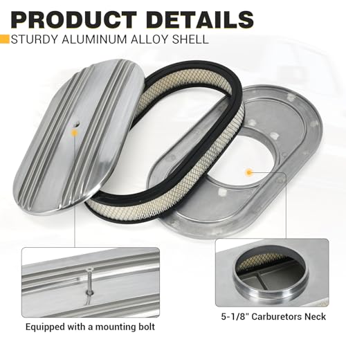 Universal 15" Oval Half Finned Air Cleaner Assembly,with Mounting bolt Silver Aluminum Alloy Oval Polished Full Finned - color: SILVER, size: 15" Oval Half Finned Air