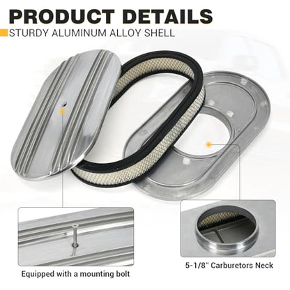 Universal 15" Oval Half Finned Air Cleaner Assembly,with Mounting bolt Silver Aluminum Alloy Oval Polished Full Finned - color: SILVER, size: 15" Oval Half Finned Air