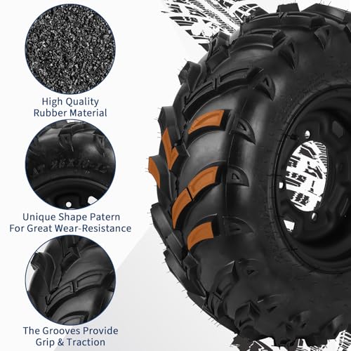 GarveeLife 2PCS 25x8-12 ATV UTV Tire with 12 Inch 4 Lug Steel Wheel Rim